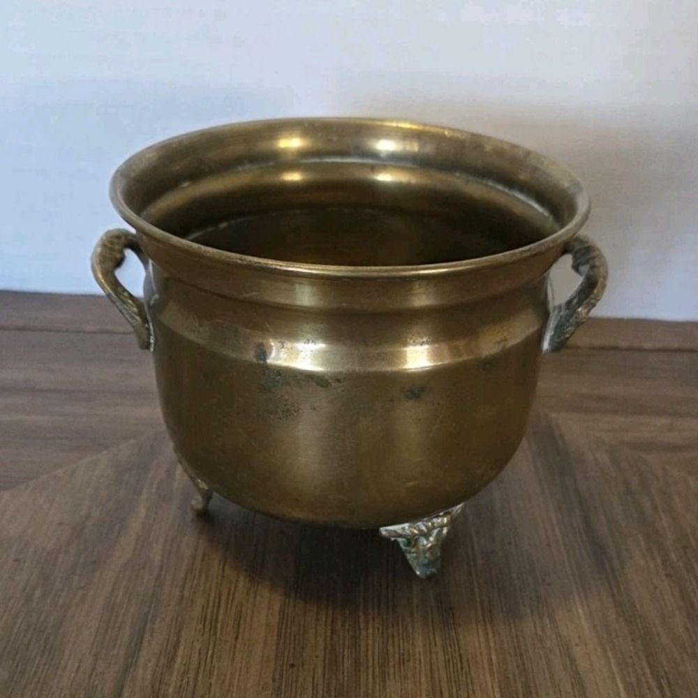 Vintage Brass Footed Cauldron Pot, Planter